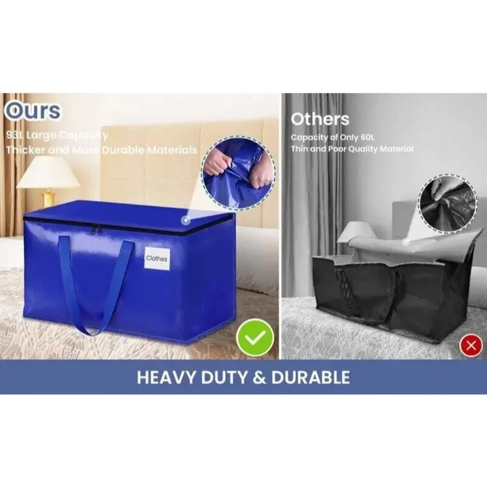 4 Large Moving Tote Bags W/ Zippers & Carrying Handles Heavy Duty Storage Blue